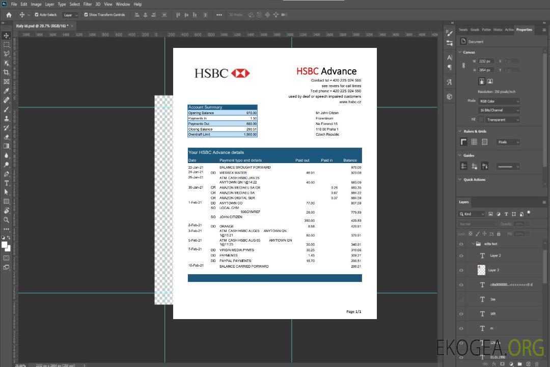Relevé bancaire tchèque HSBC, modèle facile à remplir au format Excel et PDF template